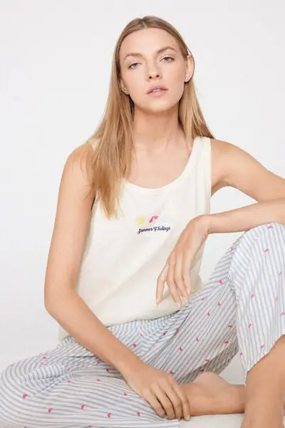 Canotta Spalla Larga Cotone con Ricamo Donna Bianco