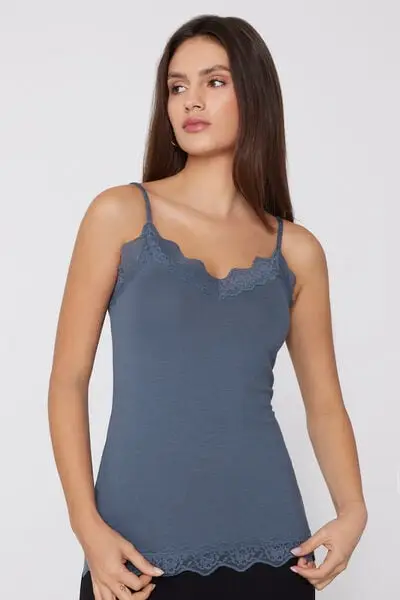 Tezenis Canotta Spalline Sottili Scollo a V in Viscosa con Pizzo Donna Blu