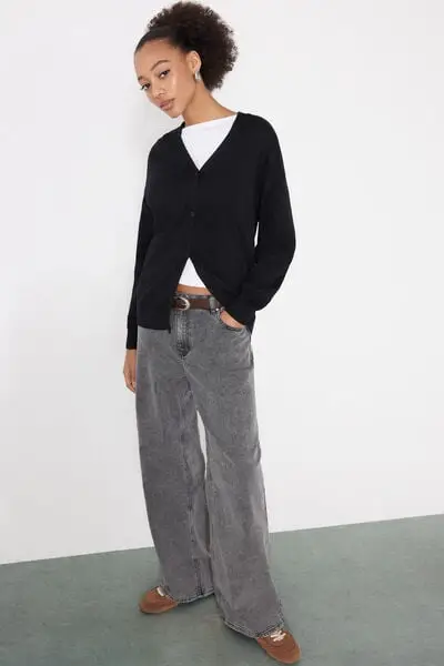 Cardigan in Cotone e Modal in Maglia Calata Scollo V Donna Nero