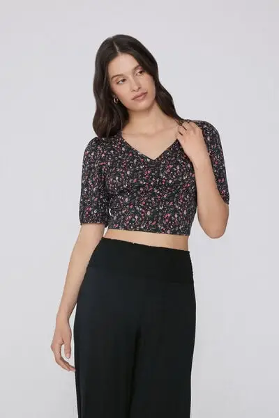 Tezenis Crop Top Mezza Manica con Arriccio Viscosa Donna Nero