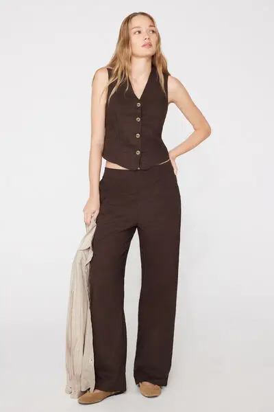 Tezenis Gilet Tela di Cotone con Bottoni Effetto Lino Donna Marrone