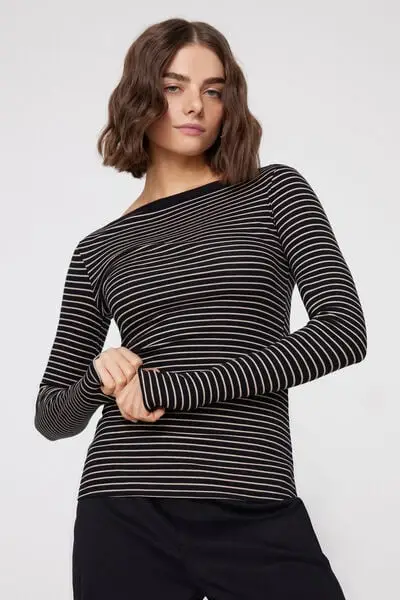 Maglia Barchetta Cotone Costine Righe Donna Nero