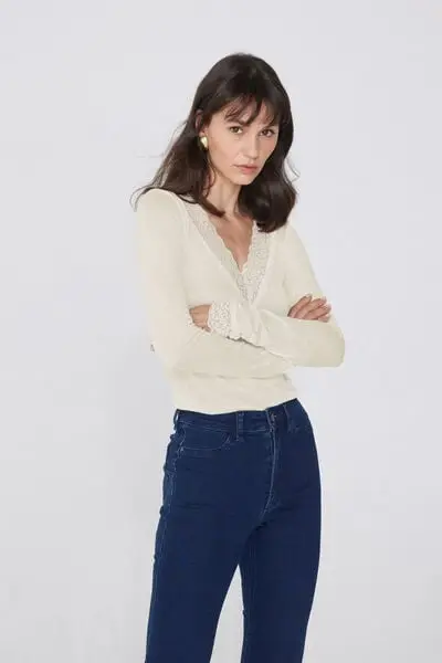 Tezenis Maglia Maniche Lunghe Scollo V Pizzo/Lana Merino Donna Bianco