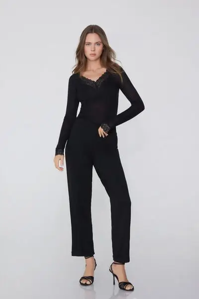 Tezenis Maglia Maniche Lunghe Scollo V Pizzo/Lana Merino Donna Nero