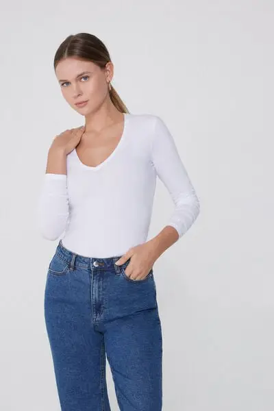 Tezenis Maglia Manica Lunga Scollo a V in Cotone Organico Elasticizzato Donna Bianco