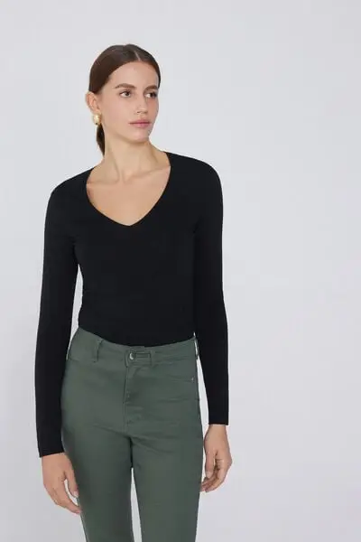 Tezenis Maglia Manica Lunga Scollo a V in Cotone Organico Elasticizzato Donna Nero