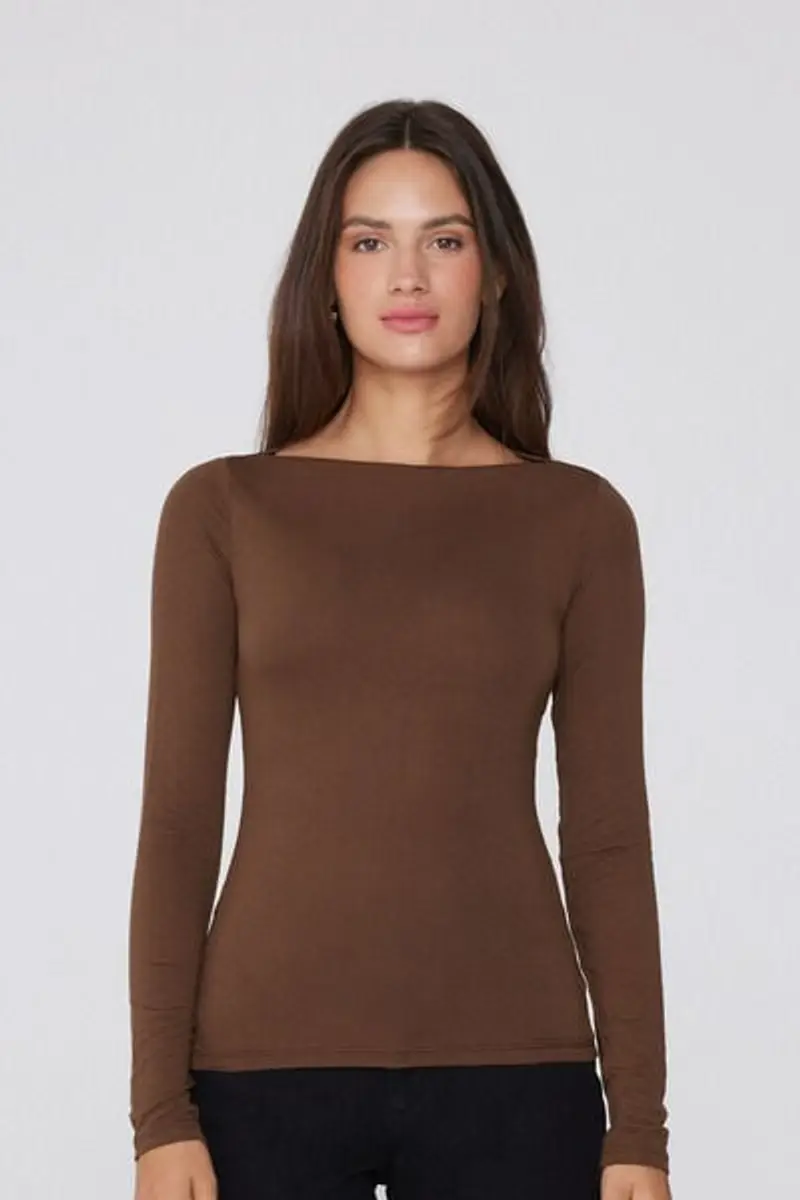 Tezenis Maglia Maniche Lunghe Scollo Barchetta Viscosa Donna Marrone