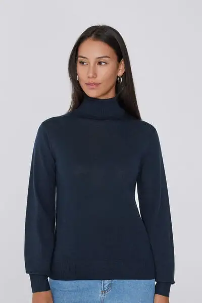 Maglia Pesante Collo Alto 100% Lana Merino Donna Blu