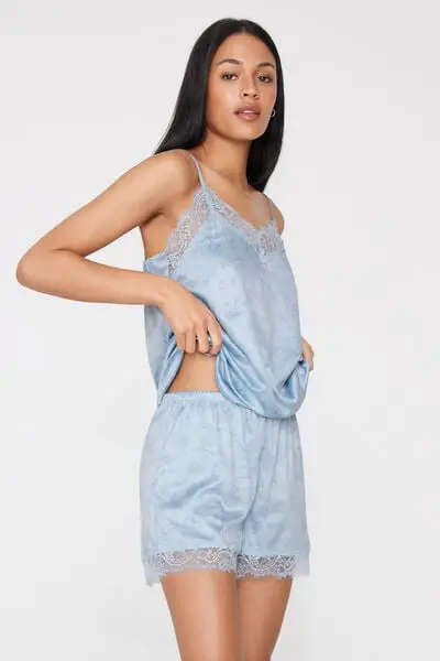 Pantaloncino Corto in Raso Stampato e Pizzo Donna Azzurro