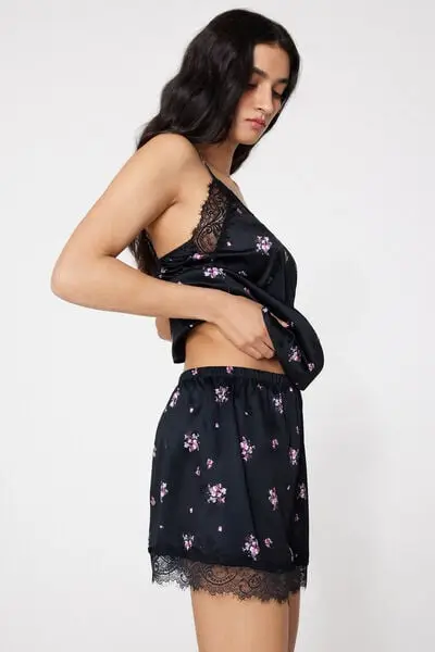 Pantaloncino Corto in Raso Stampato e Pizzo Donna Nero