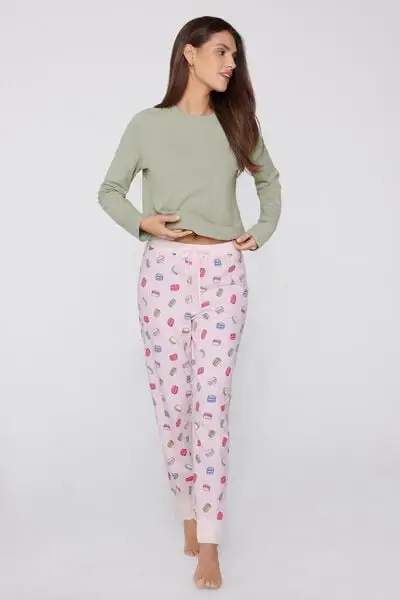 Pantalone Lungo Cotone Stampato con Coulisse Donna Rosa
