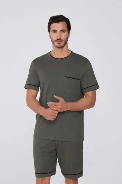 Tezenis Pigiama Corto Basic Piping in Cotone con Taschino Uomo Verde