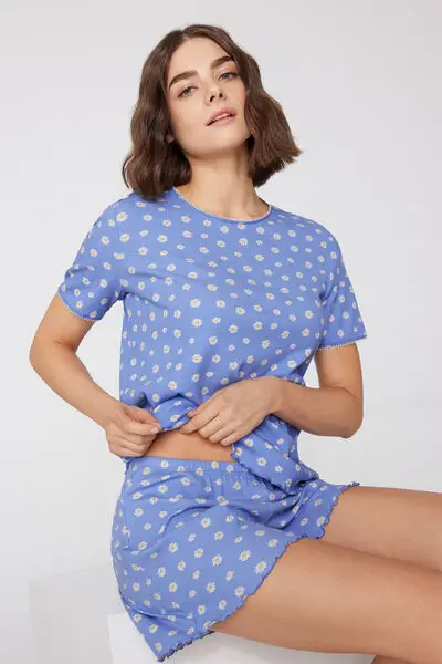 Pigiama Corto Cotone Costine Margherite Donna Blu miniatura 3