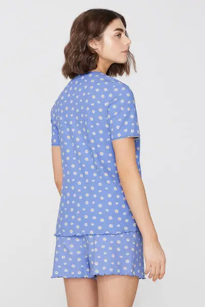 Pigiama Corto Cotone Costine Margherite Donna Blu miniatura 4
