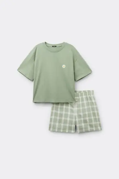 Pigiama Corto Cotone Ricamo Margherita Donna Verde