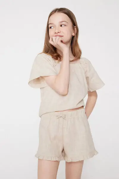 Tezenis Shorts Bimba Tela Cotone Effetto Lino Ruches Bambina Naturale