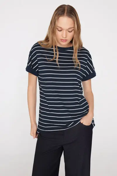 T-Shirt in Cotone con Risvolto Kimono Donna Nero miniatura 3