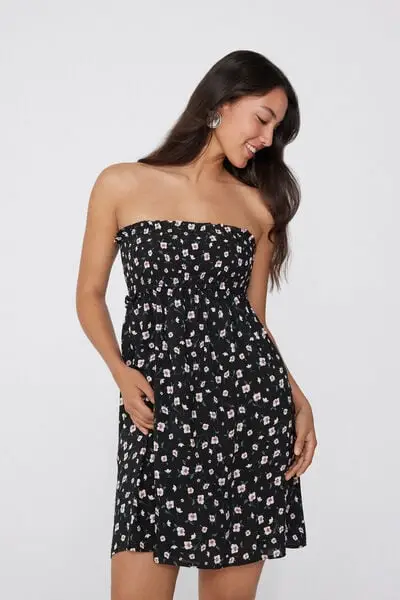 Vestito Corto a Fascia Punto Smock Tela Viscosa Donna Nero