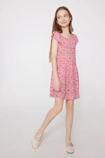 Tezenis Vestito in Tela di Viscosa con Ruches Bambina Rosa