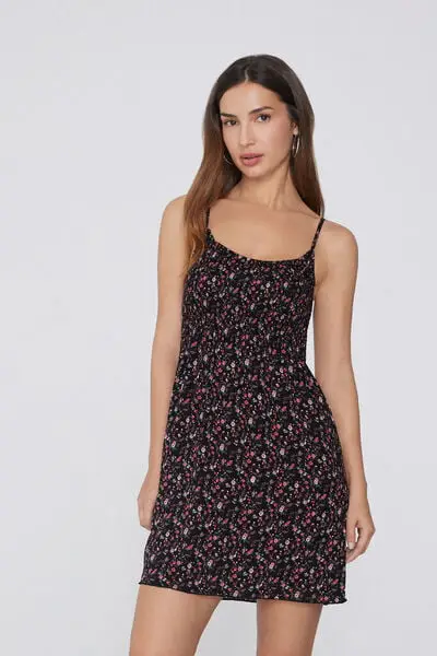 Tezenis Vestito Spalline Sottili Punto Smock in Viscosa Donna Nero