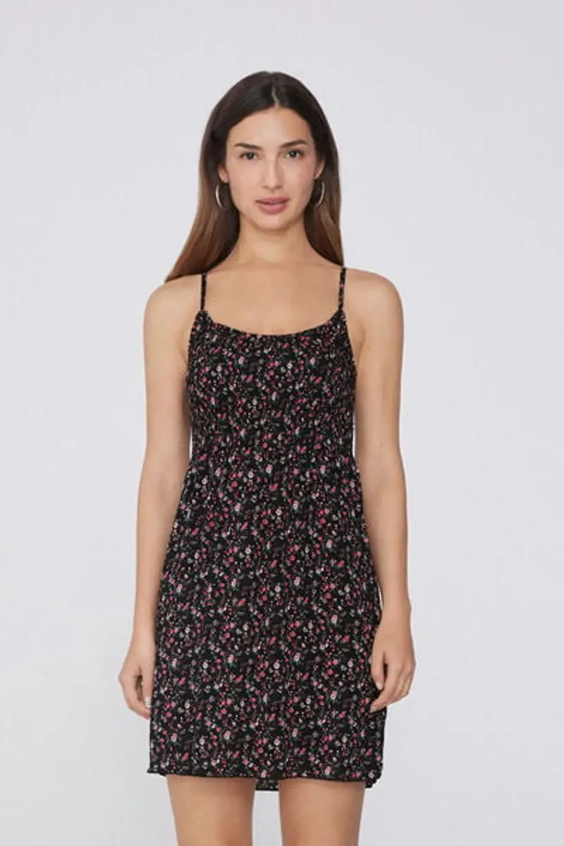 Tezenis Vestito Spalline Sottili Punto Smock in Viscosa Donna Nero