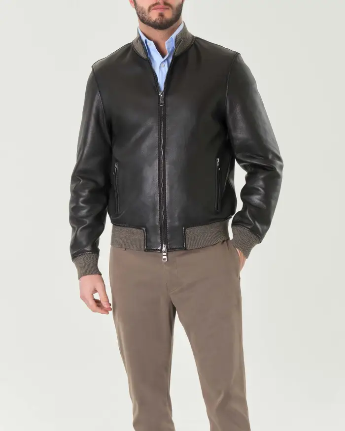 Giacca bomber Dragon in vera pelle color testa di moro accoppiata in lana