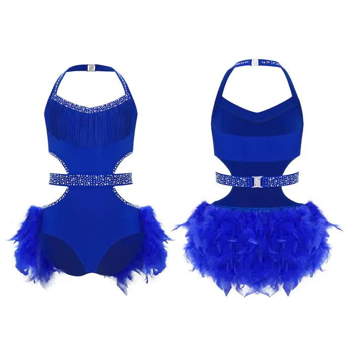 Tiaobug Body da ballo da ragazza con strass scintillanti, collo all americana e gonna di piume, costume da performance latina 13-14 Years