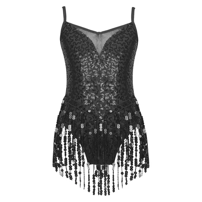 Tiaobug Body da ballo per bambina, abbigliamento elegante, senza maniche, scollo a V, paillettes lucide, patchwork in rete, orlo con nappe miniatura 4