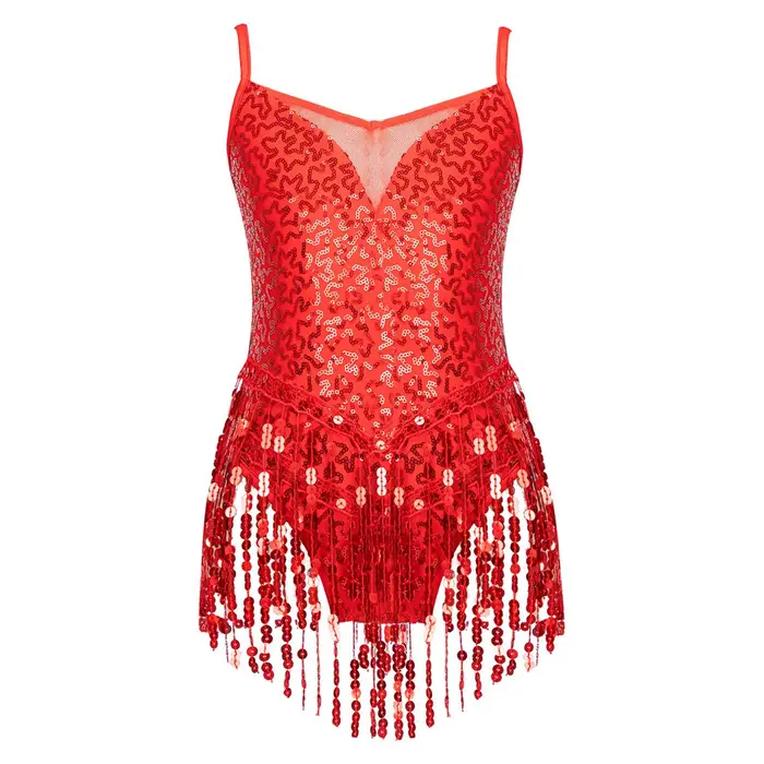 Tiaobug Body da ballo per bambina, abbigliamento elegante, senza maniche, scollo a V, paillettes lucide, patchwork in rete, orlo con nappe miniatura 5