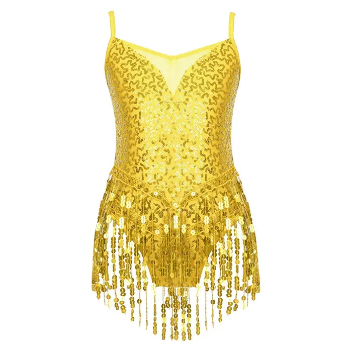 Tiaobug Body da ballo per bambina, abbigliamento elegante, senza maniche, scollo a V, paillettes lucide, patchwork in rete, orlo con nappe
