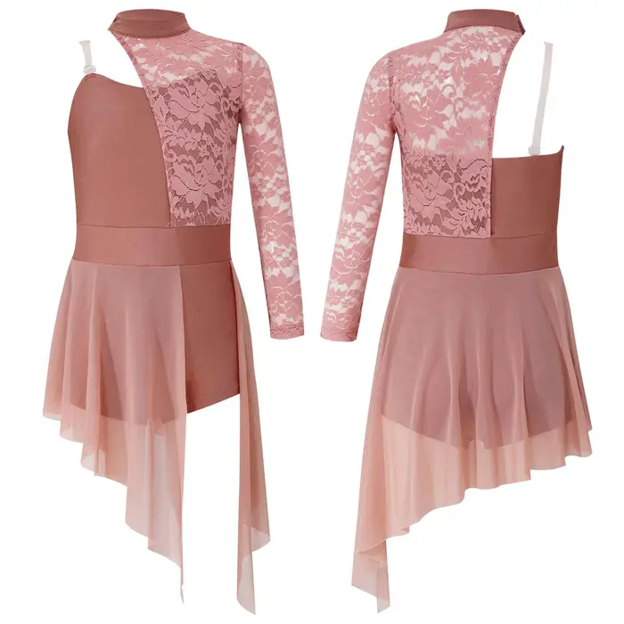Tiaobug Body da ginnastica per ragazze Costume da palcoscenico asimmetrico a maniche lunghe per balletto lirico 15-16 Years colore rosa