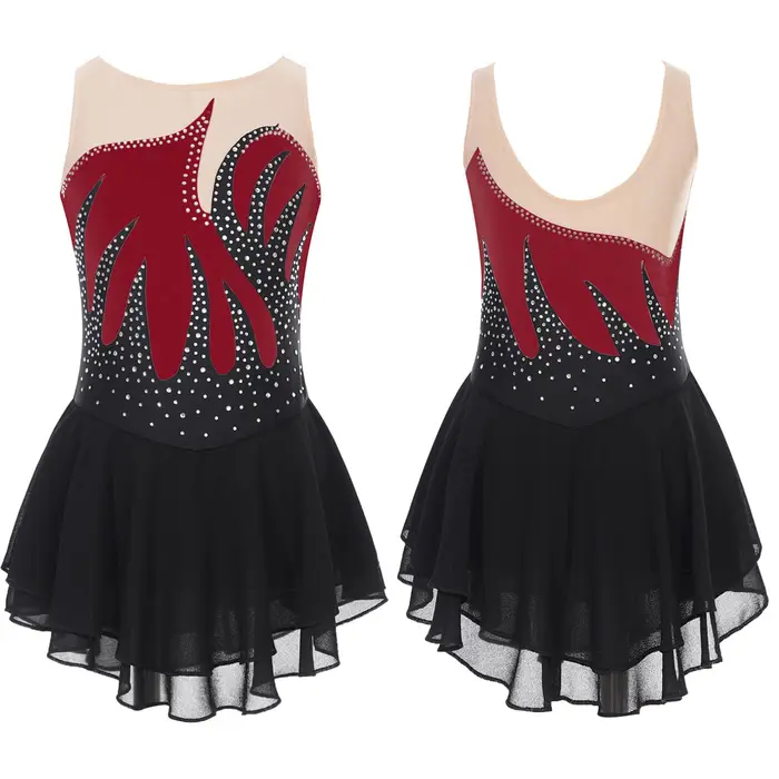 Tiaobug Costume da pattinaggio di figura per bambina, tutù di danza classica, senza maniche, con strass lucidi, per ginnastica ritmica 9