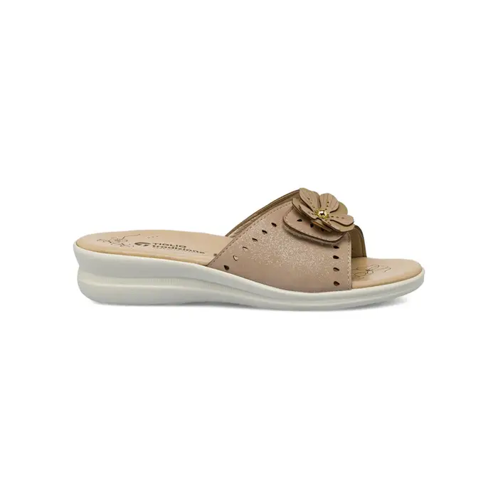 TIGLIO Ciabatte casa a fascia da donna beige in pelle con zeppa e fiore decorativo