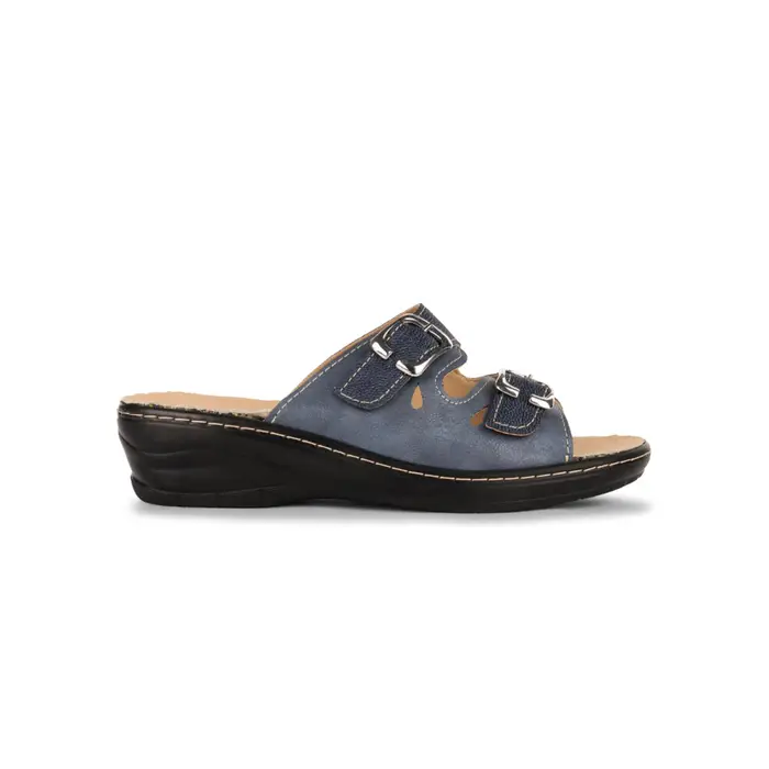 TIGLIO Ciabatte casa comfort a fascia da donna blu in pelle con zeppa