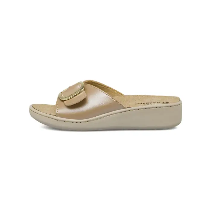 TIGLIO Ciabatte casa in pelle beige da donna con fibbia dorata e zeppa