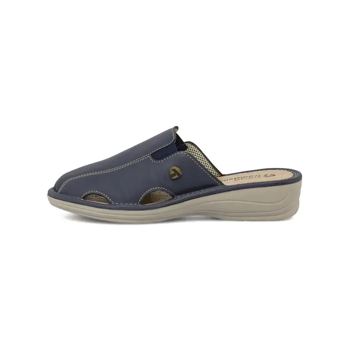 TIGLIO Pantofole casa blu da donna in pelle con zeppa e trafori