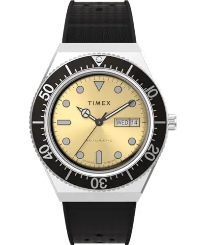 Timex Orologio automatico da uomo Q da 40 mm, cinturino in gomma sintetica, in acciaio inox, quadrante champagne