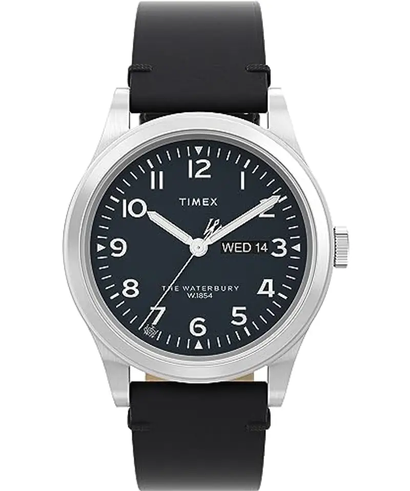 Timex Orologio da uomo Waterbury, 39 mm, cinturino a sgancio rapido in due pezzi in pelle nera, quadrante nero, cassa in acciaio inox