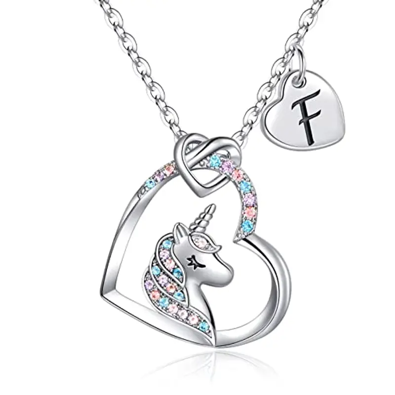 TINGN Collana Unicorno Regali per Ragazze, Ciondolo Cuore Iniziale Placcato Oro Bianco 14k CZ Collana con Iniziale F Unicorno per Ragazze