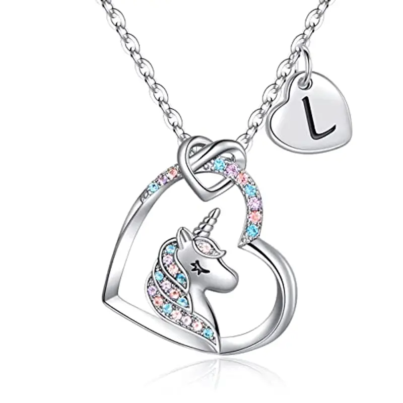 TINGN Collana Unicorno Regali per Ragazze, Ciondolo Cuore Iniziale Placcato Oro Bianco 14k CZ Collana con Iniziale L Unicorno per Ragazze