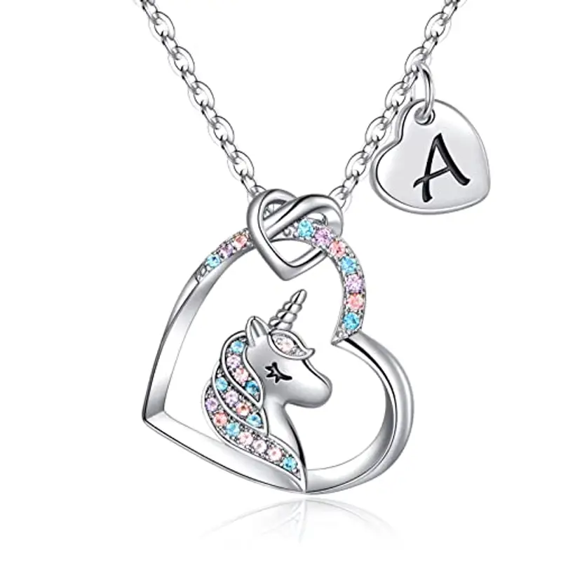 TINGN Regali per Ragazze Collana Argento Unicorno, Ciondolo Cuore CZ Placcato Oro Bianco 14k Collane Unicorno per Ragazze Catena Unicorno