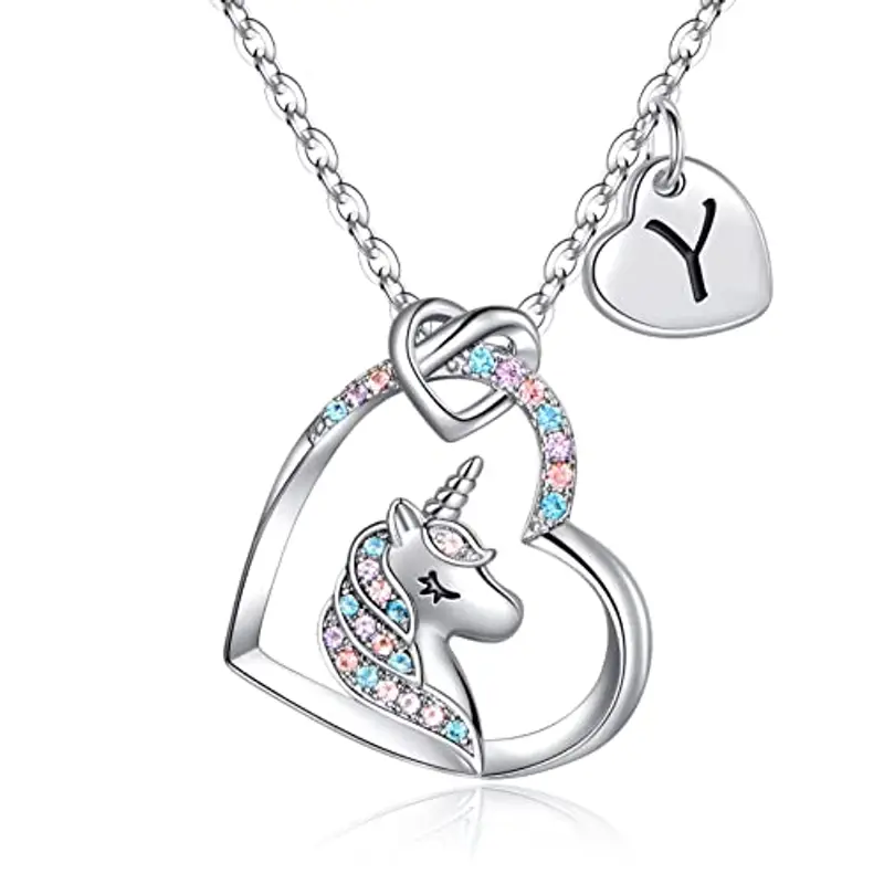 TINGN Regali per Ragazze Collana Argento Unicorno, Ciondolo Cuore CZ Placcato Oro Bianco 14k Collane Unicorno per Ragazze Catena Unicorno