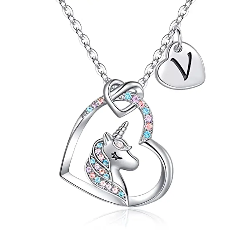 TINGN Regali Unicorno per Ragazze Collana Cuore, Collana con Ciondolo Unicorno Placcato Oro Bianco 14k Catena con Lettere Regali Unicorno