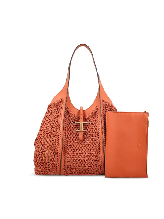 TOD S Borsa Shopping T Timeless In Rafia E Pelle Media ARANCIONE
