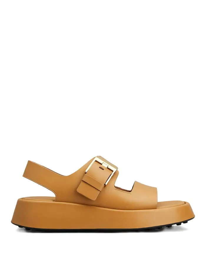 Tod s Sandali In Pelle Marrone Con Fibbia Oro Beige
