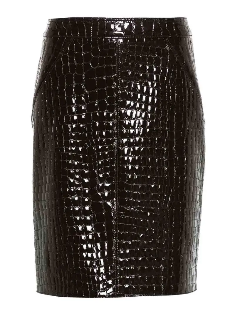 Gonna longuette in pelle goffrata coccodrillo Marrone Scuro