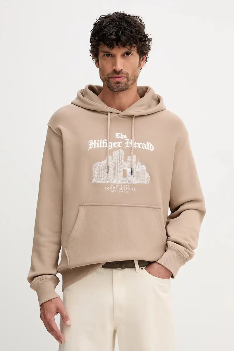 Tommy Hilfiger felpa in cotone uomo colore beige con cappuccio con applicazione MW0MW40066