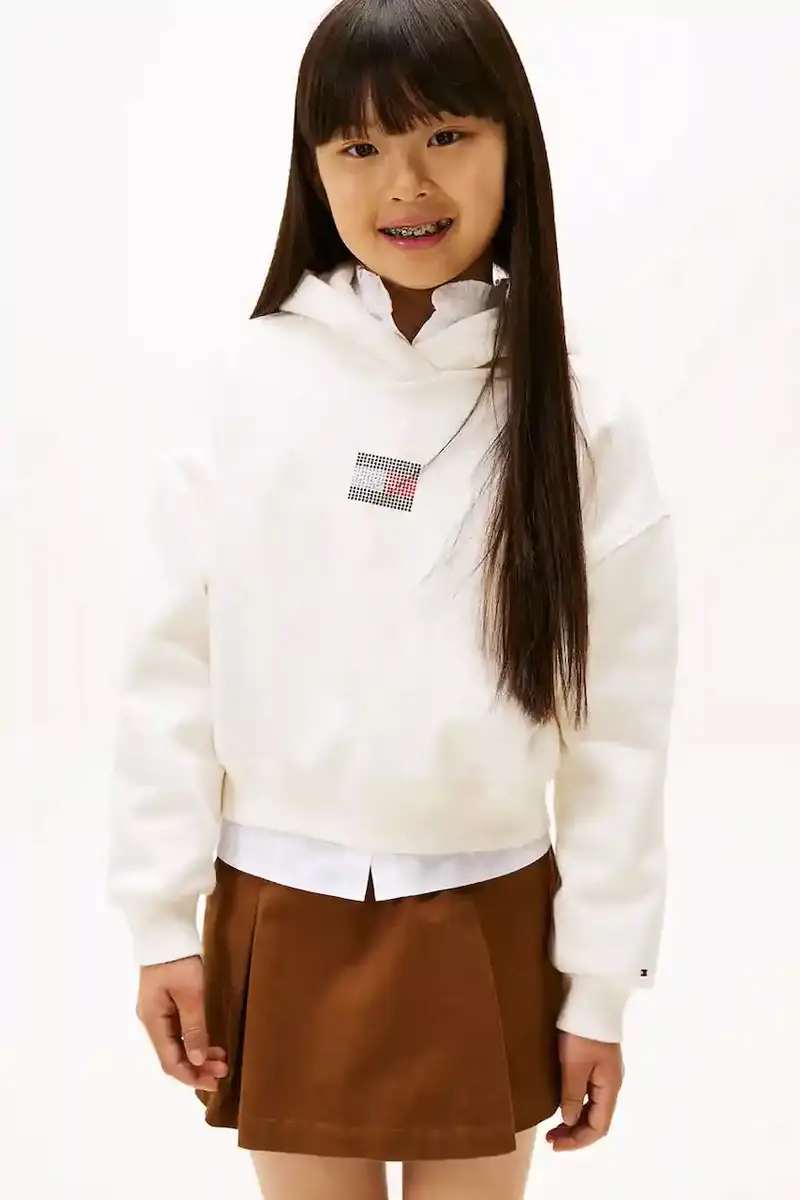 Tommy Hilfiger felpa per bambini colore bianco con cappuccio con applicazione KG0KG09016