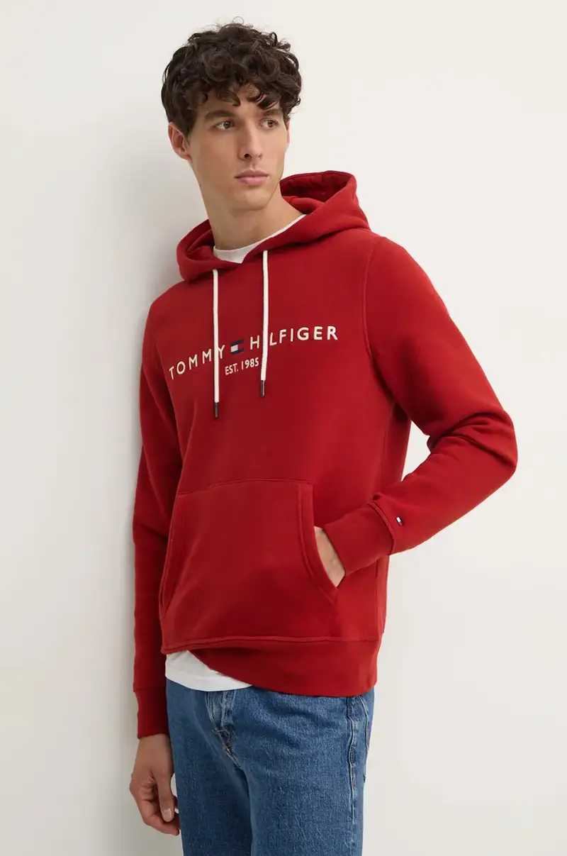 Tommy Hilfiger felpa uomo colore granata con cappuccio con applicazione