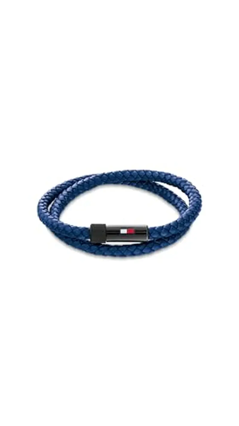 Tommy Hilfiger Jewelry Braccialetto da Uomo con Pelle Intrecciata Blu a Doppio Giro